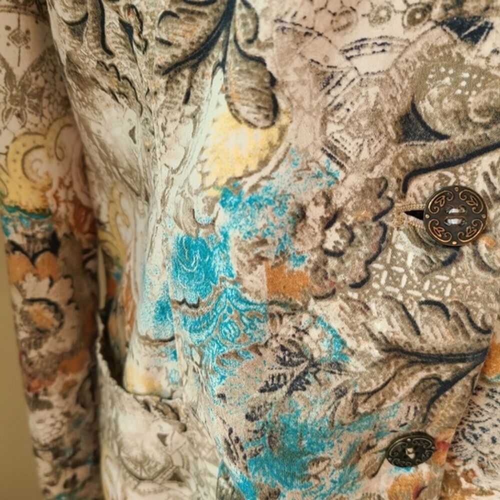 Chicos Floral Jacket 1 / Medium Cotton Spandex Button Up Collar Long Sleeve - Picture 4 of 13